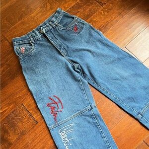 FUBU Relaxed Blue and Red Jeans with Signature Stitching